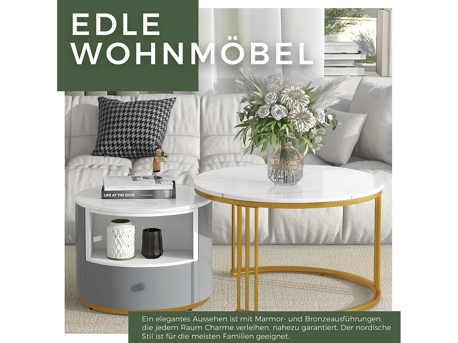 2 mesas de centro redondas de metal con tapa de mármol blanco y dorado