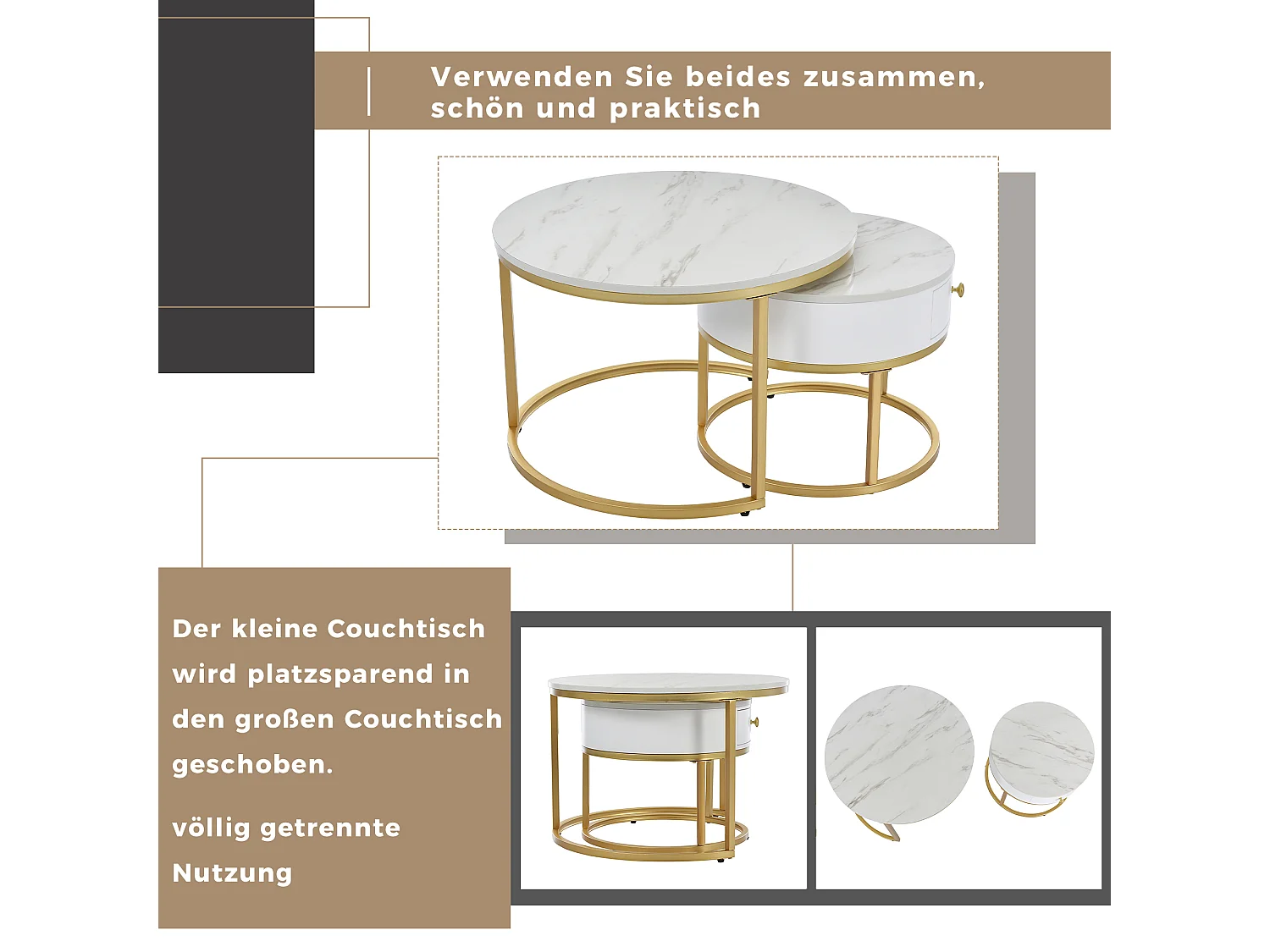 2 tables basses rondes modernes en marbre brillant