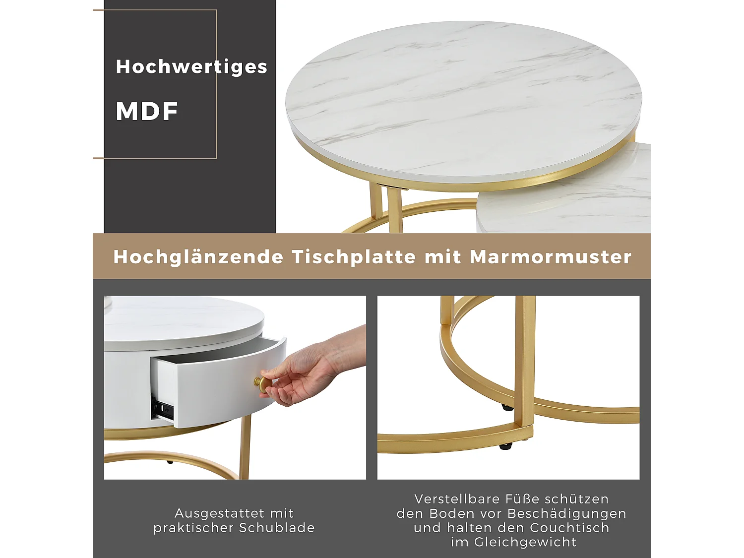 2 tables basses rondes modernes en marbre brillant