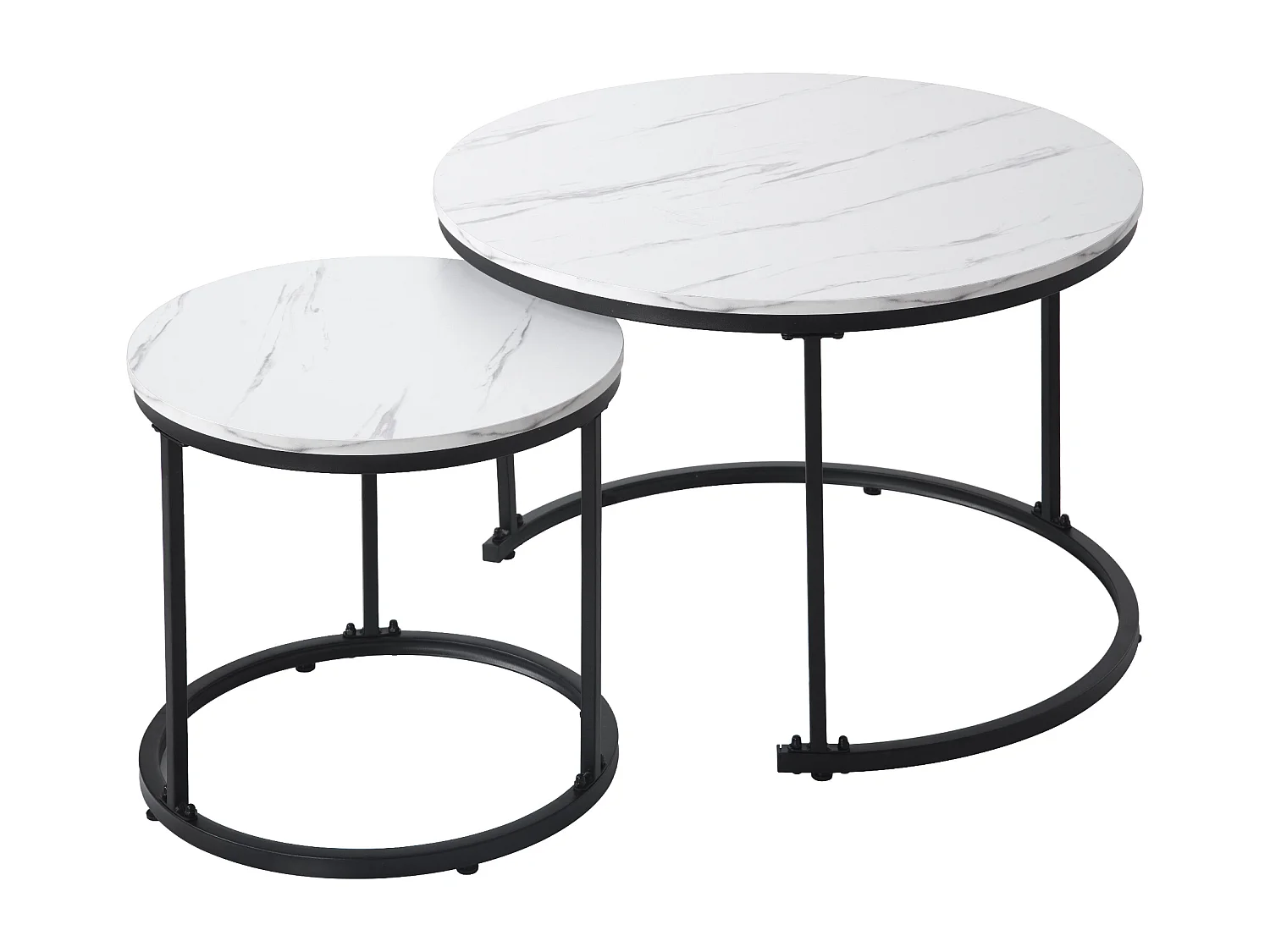 2 ronde houten in elkaar schuivende salontafels met metalen frame