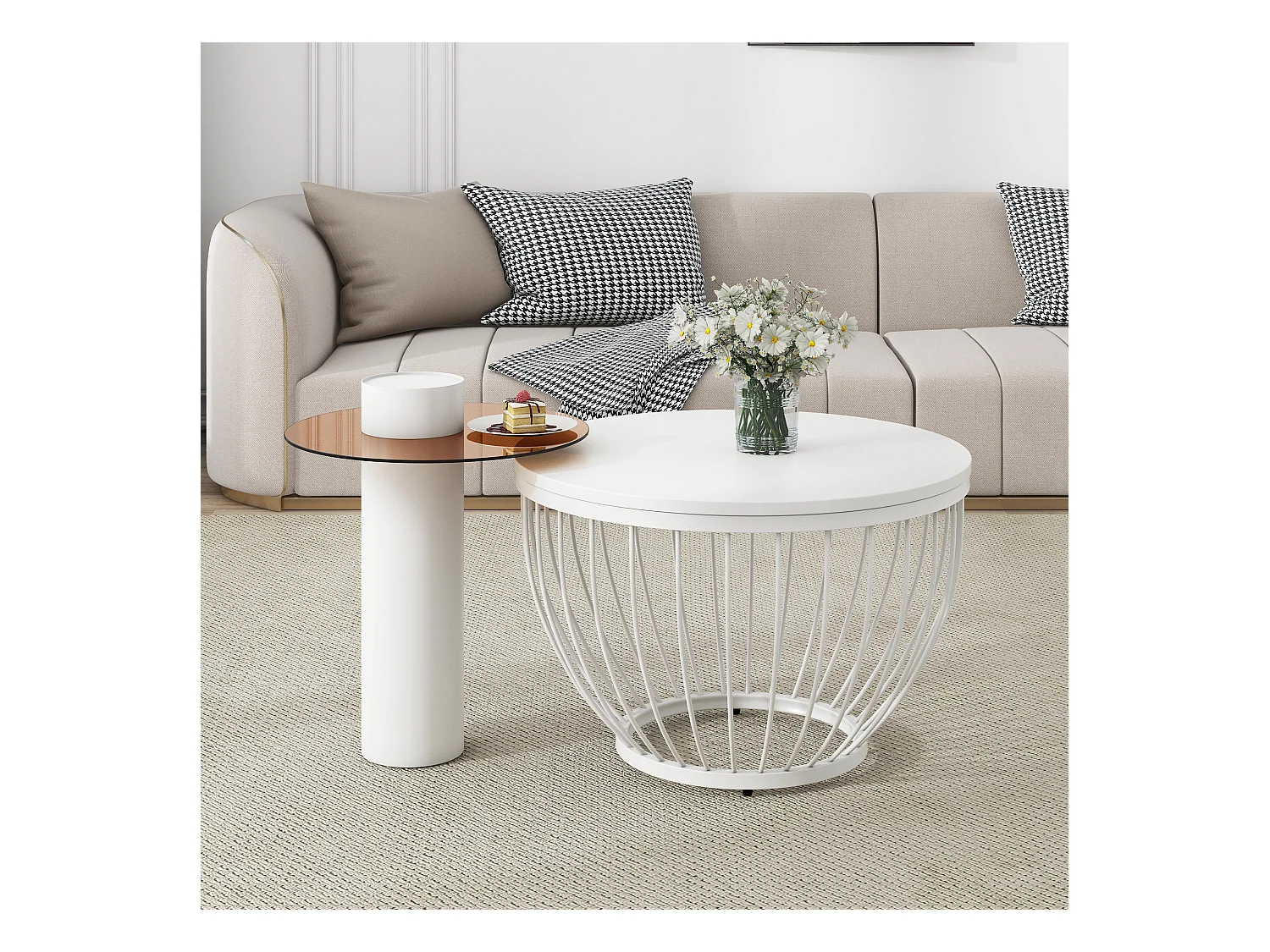 Elegante set van 2 salontafels in vogelnestdesign, in MDF en imitatiehout