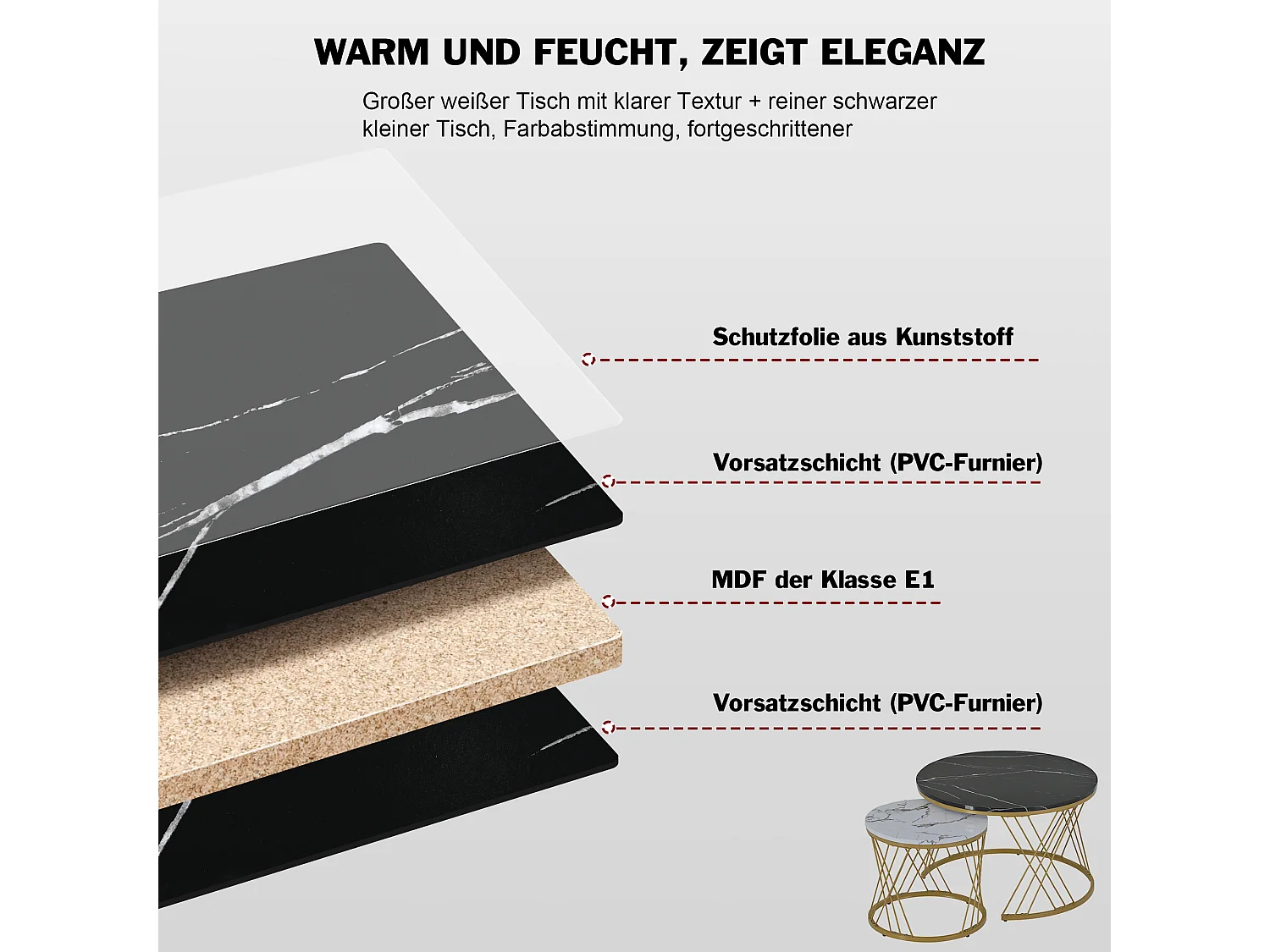 Tavolino moderno in marmo con cornice dorata, set di 2 tavolini