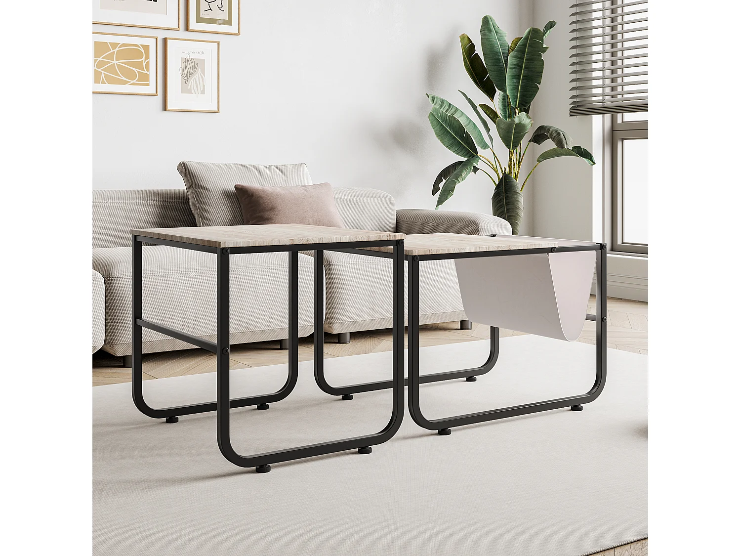 2 tables basses empilables, en métal, avec étagères style industriel et rétro