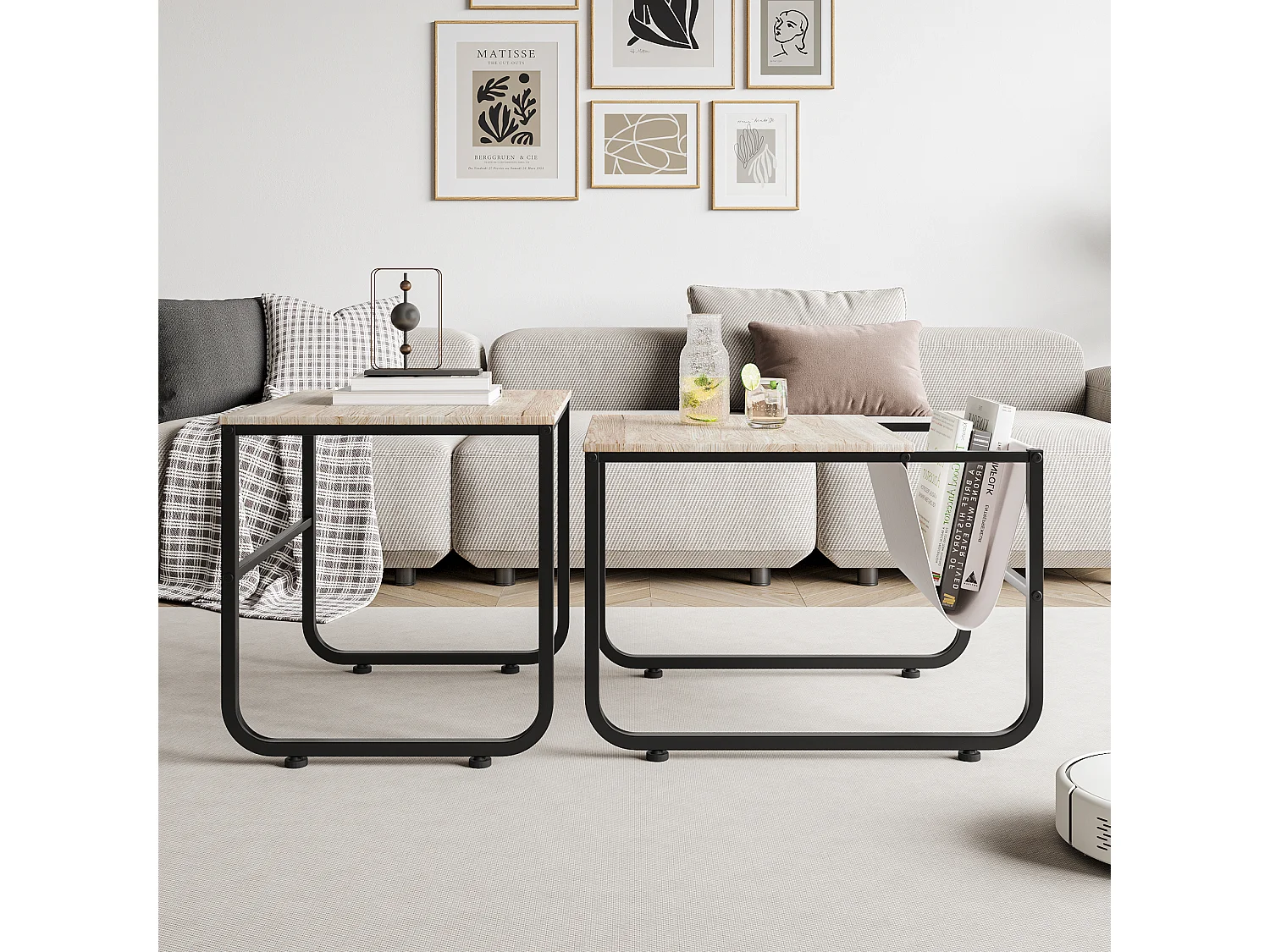 2 tables basses empilables, en métal, avec étagères style industriel et rétro