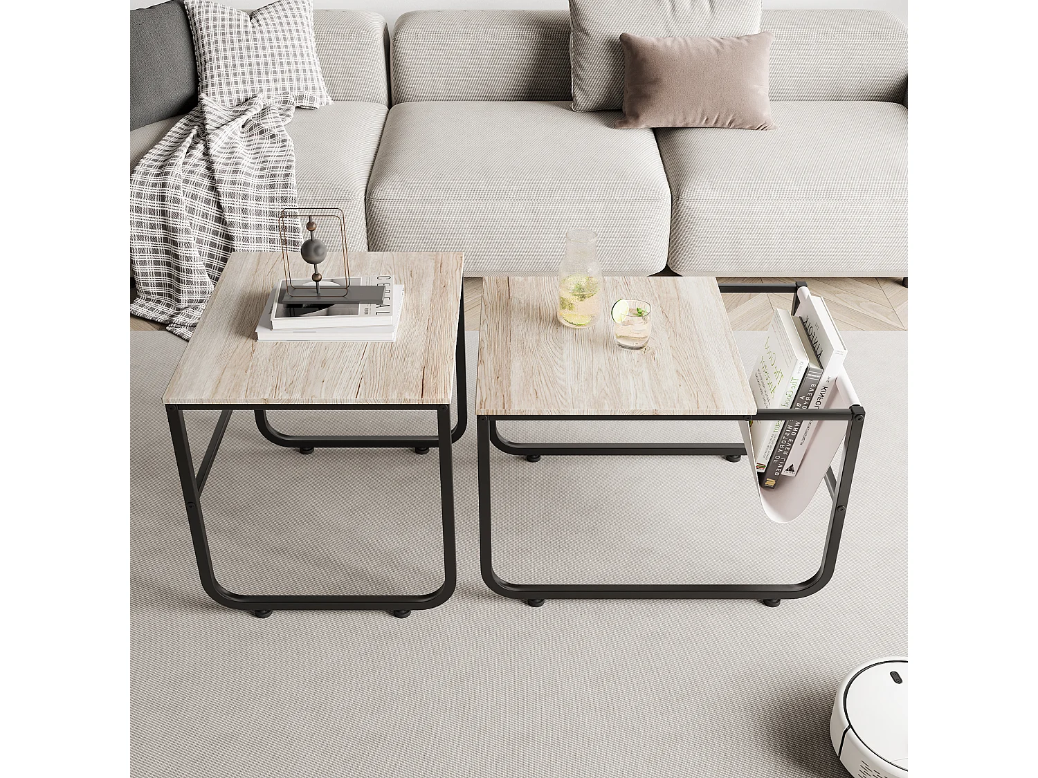 2 tables basses empilables, en métal, avec étagères style industriel et rétro