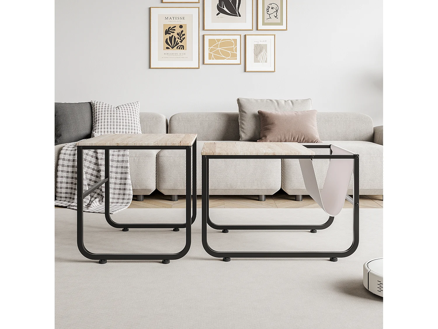 2 tables basses empilables, en métal, avec étagères style industriel et rétro