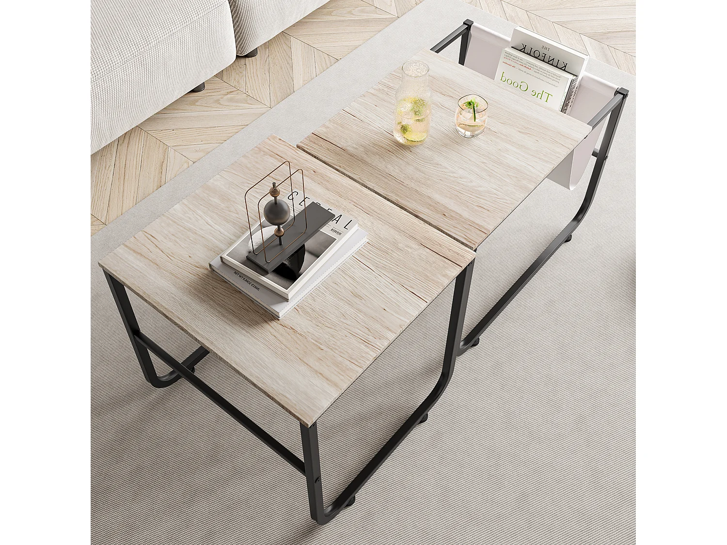 2 tables basses empilables, en métal, avec étagères style industriel et rétro