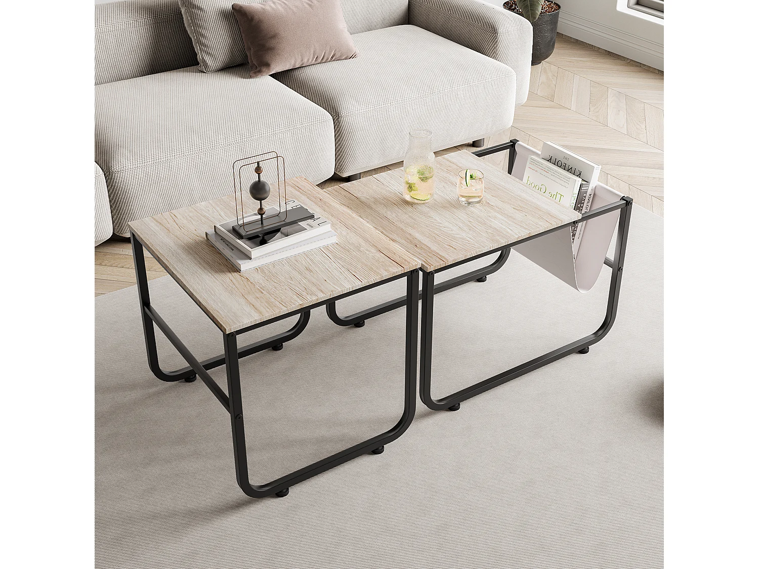 2 tables basses empilables, en métal, avec étagères style industriel et rétro