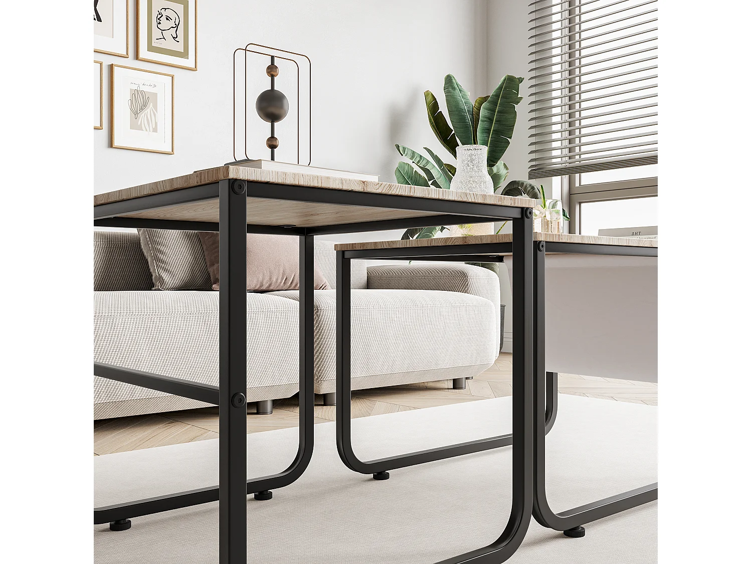 2 tables basses empilables, en métal, avec étagères style industriel et rétro