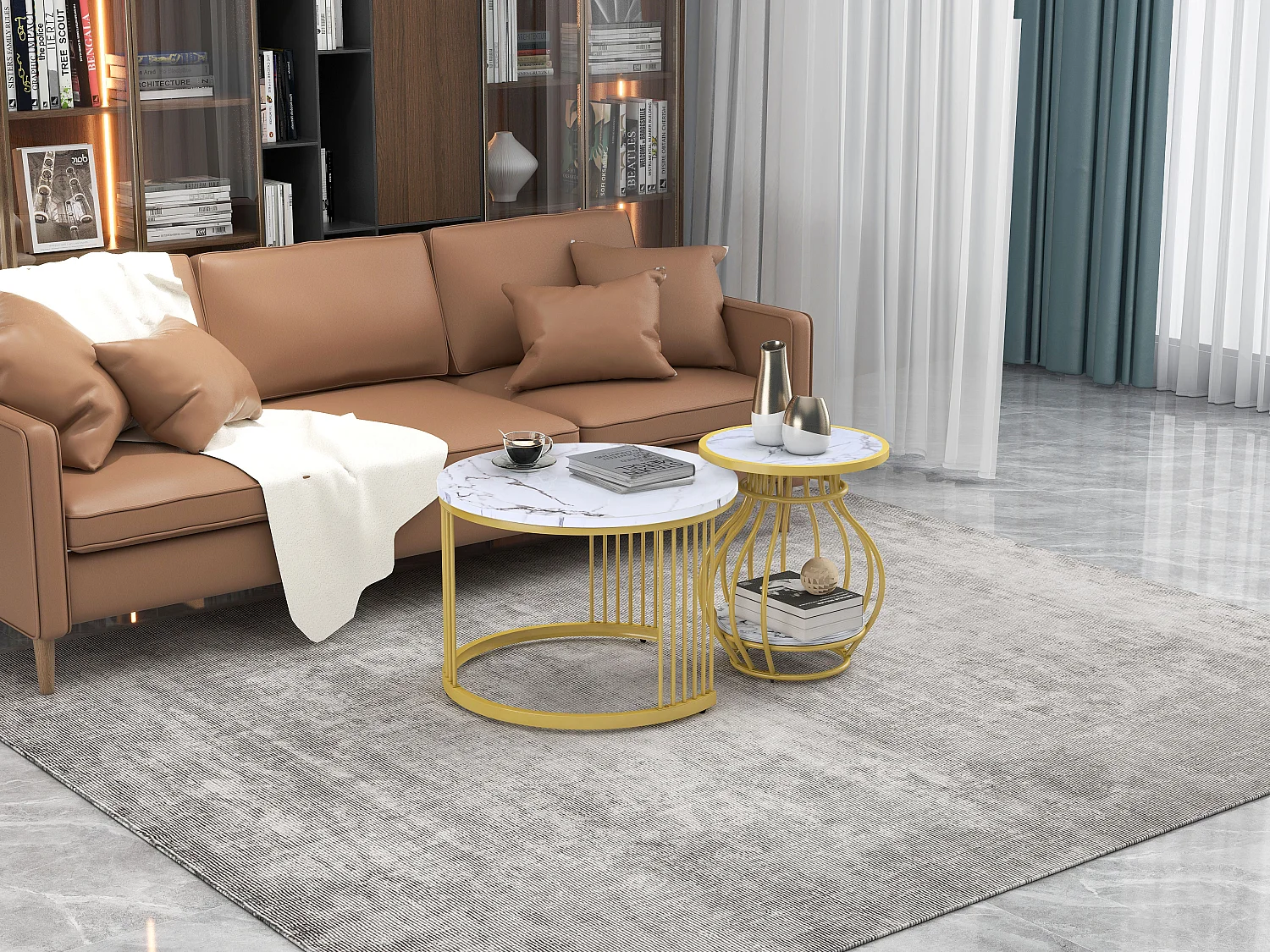 2 ronde salontafels met metalen structuur, modern design in wit