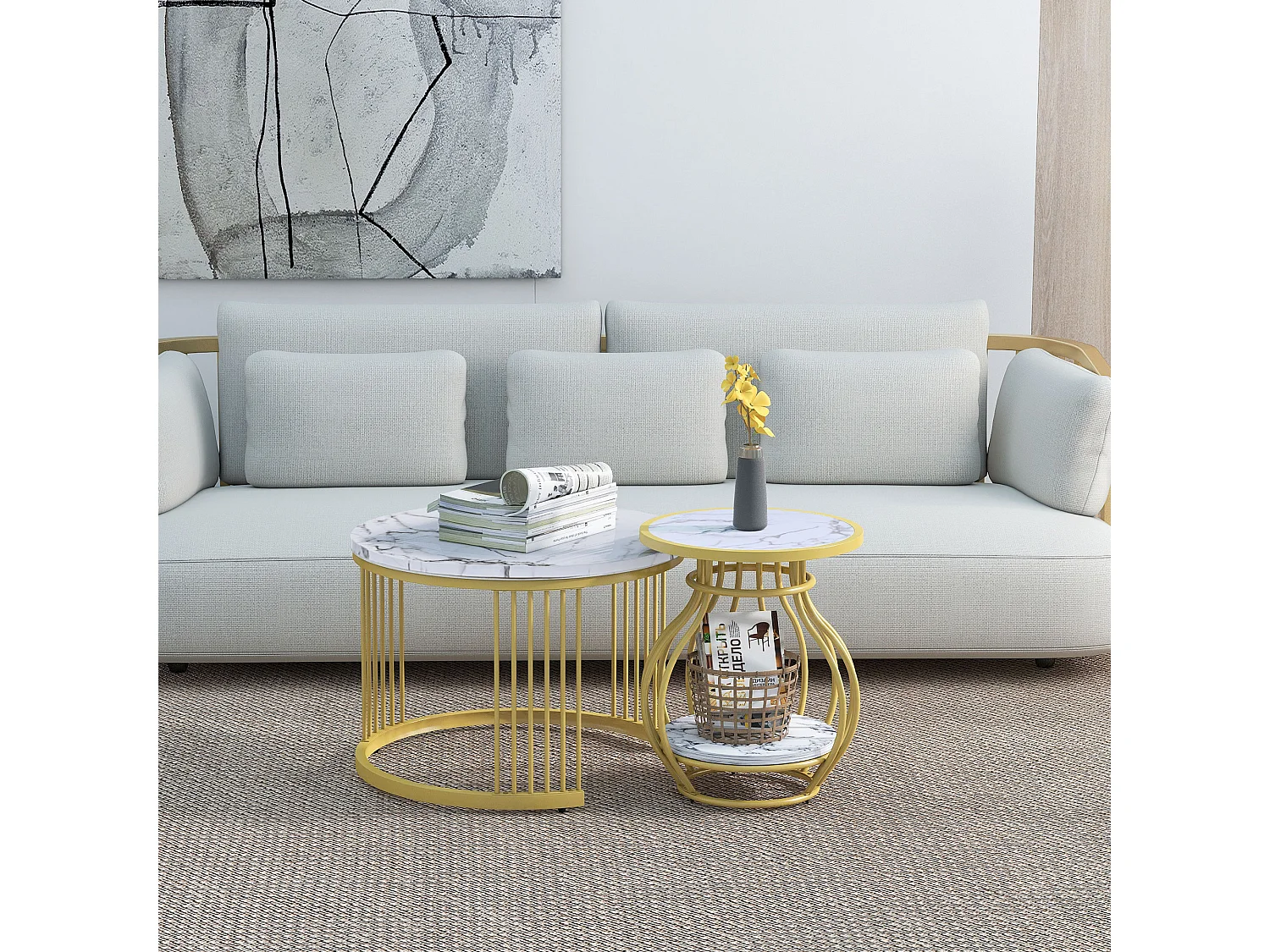 2 ronde salontafels met metalen structuur, modern design in wit