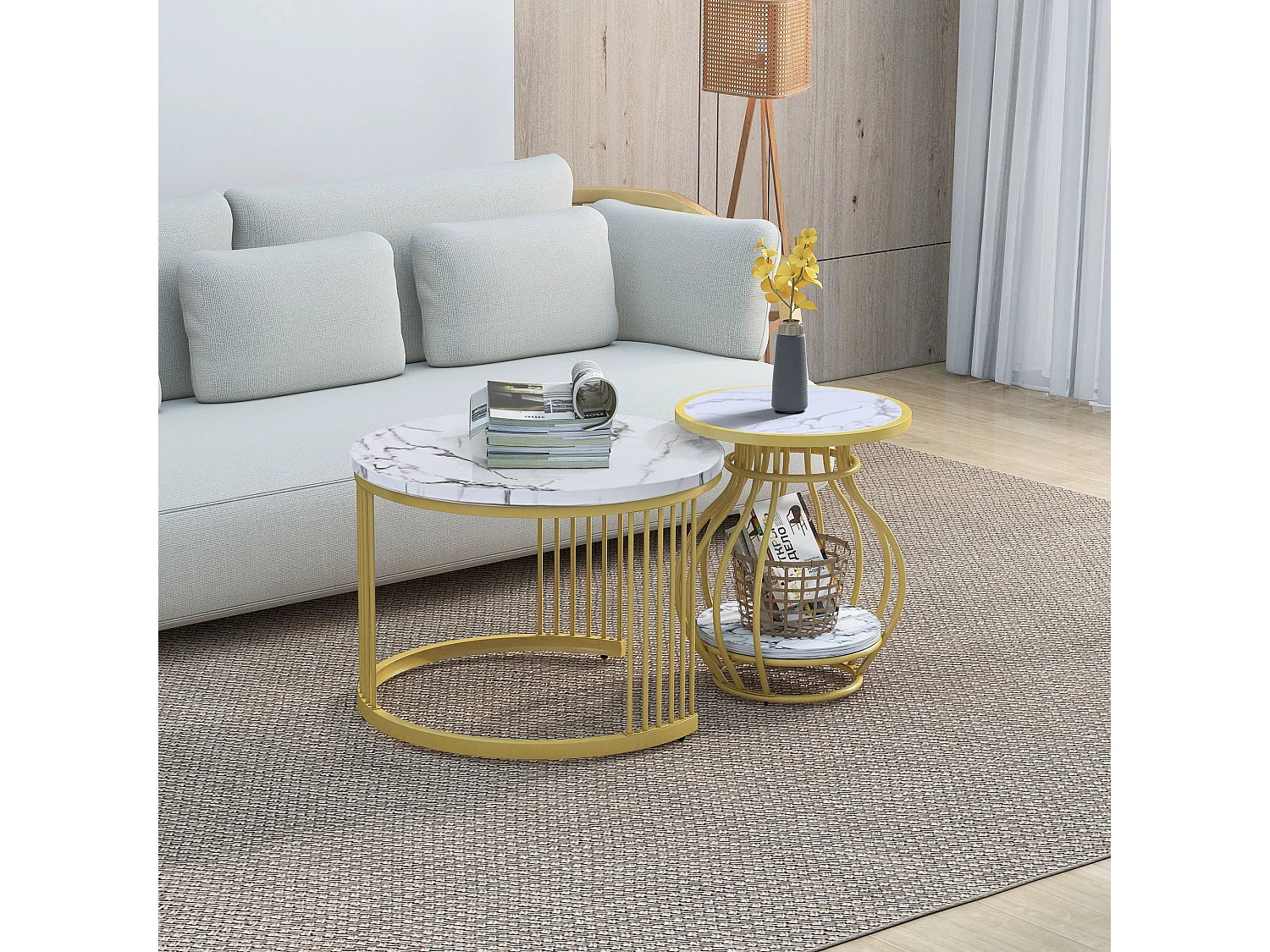 2 ronde salontafels met metalen structuur, modern design in wit