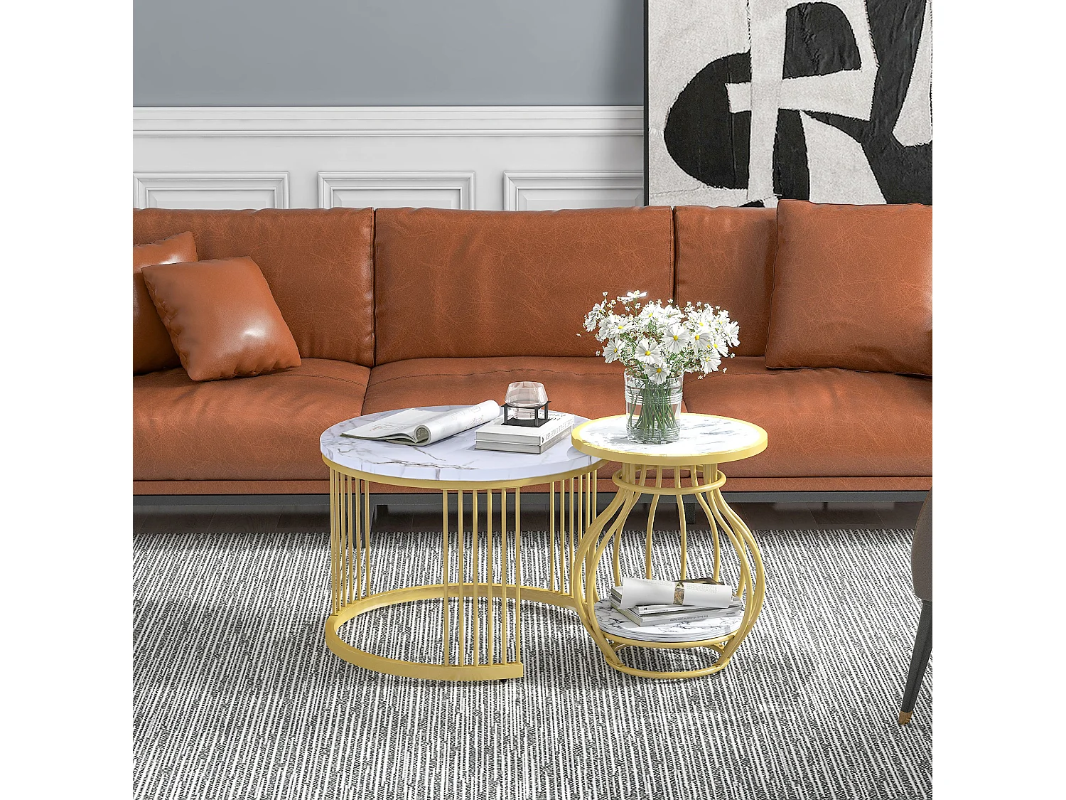 2 ronde salontafels met metalen structuur, modern design in wit