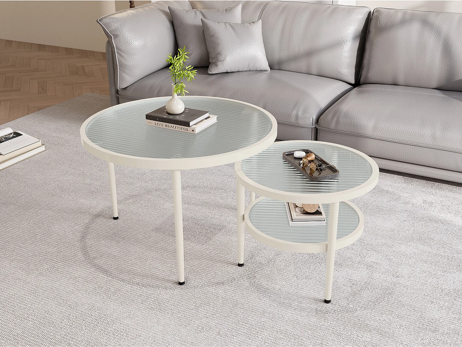 2 pièces ensemble de tables basses rondes, plateau en verre ondulé, finition blanc crème