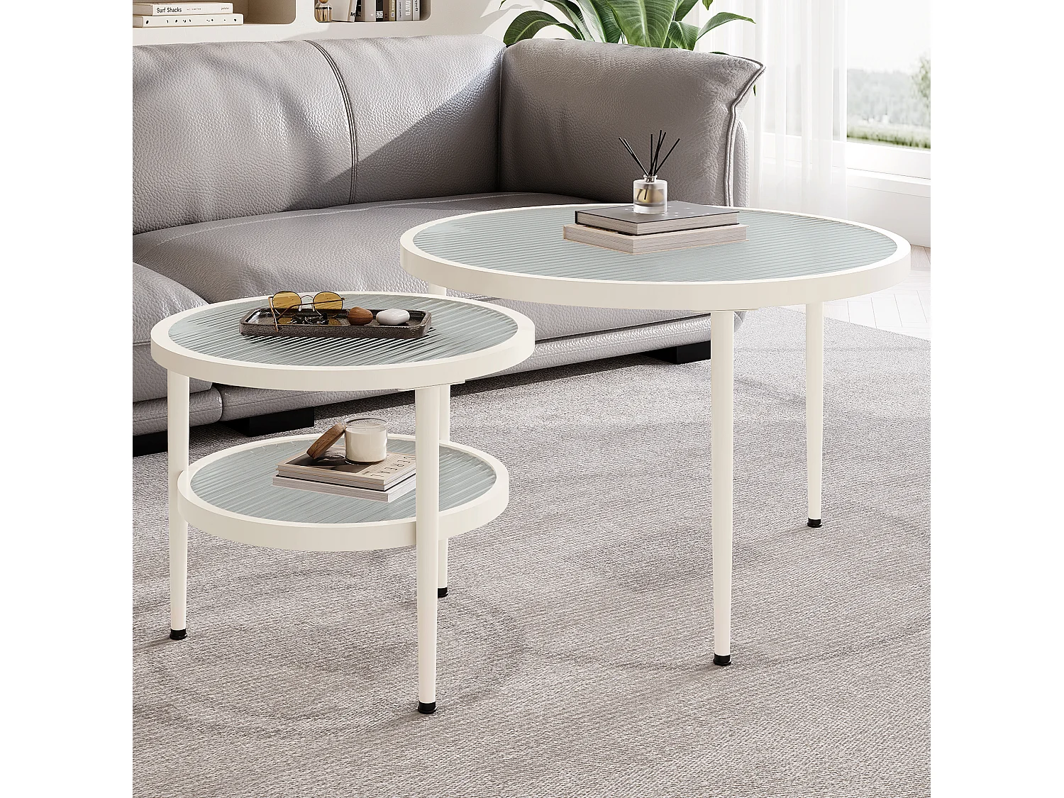 2 pièces ensemble de tables basses rondes, plateau en verre ondulé, finition blanc crème