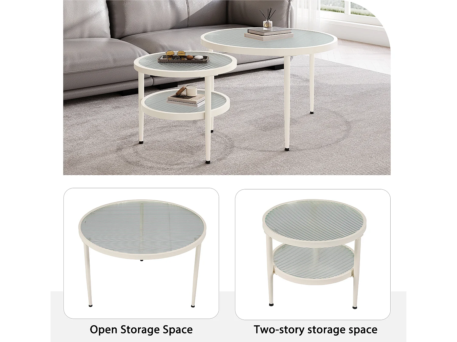 2 pièces ensemble de tables basses rondes, plateau en verre ondulé, finition blanc crème