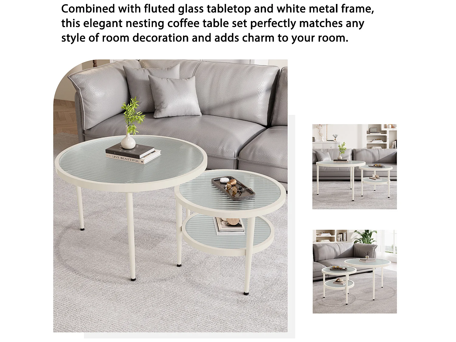 2 pièces ensemble de tables basses rondes, plateau en verre ondulé, finition blanc crème