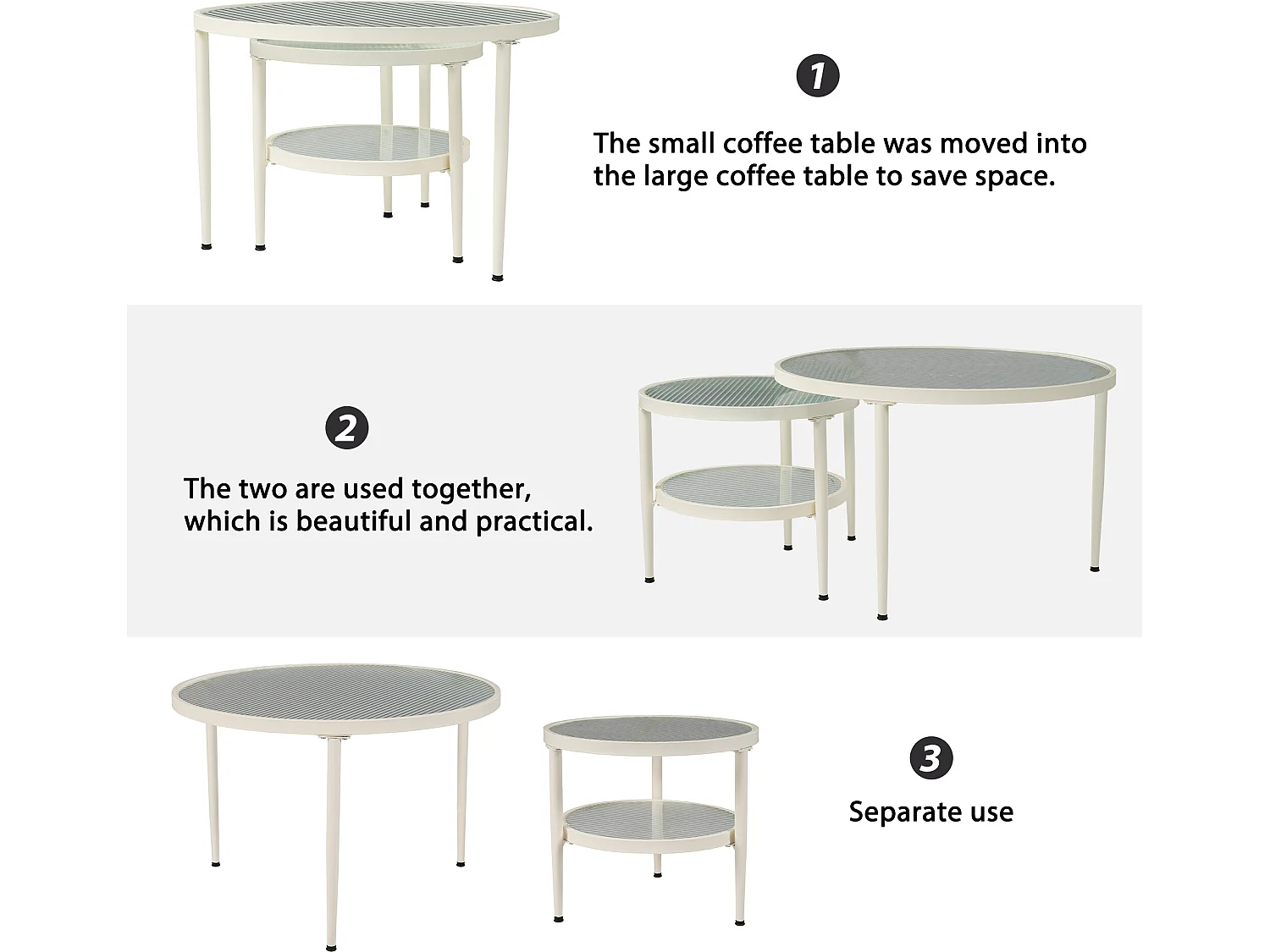 2 pièces ensemble de tables basses rondes, plateau en verre ondulé, finition blanc crème