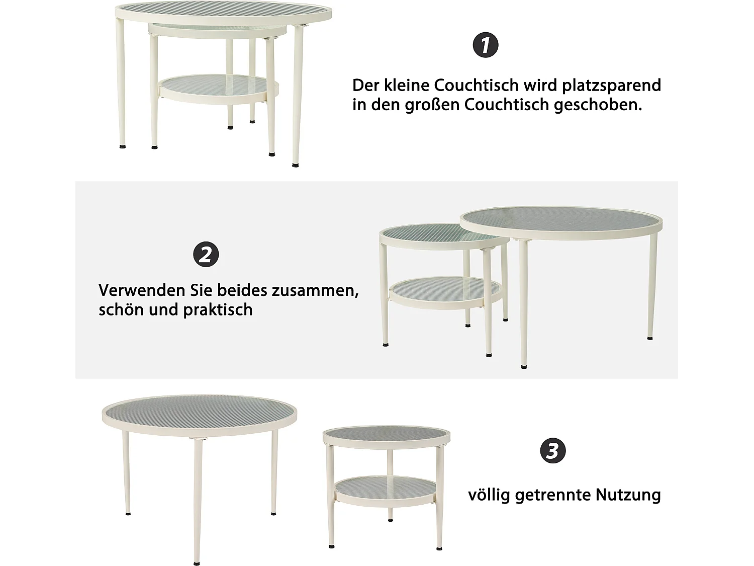 2 pièces ensemble de tables basses rondes, plateau en verre ondulé, finition blanc crème