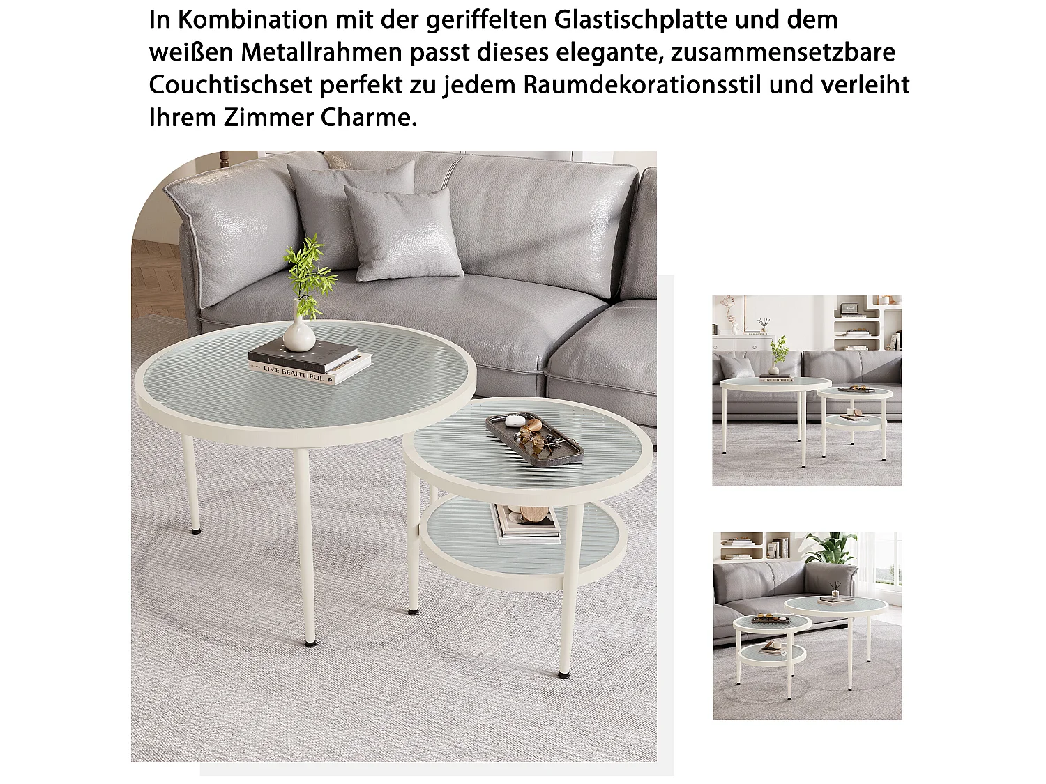 2 pièces ensemble de tables basses rondes, plateau en verre ondulé, finition blanc crème