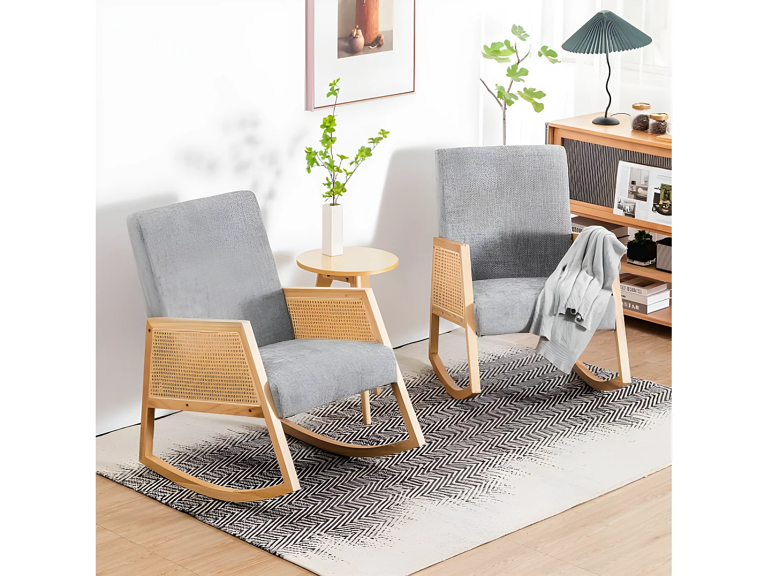 Chaise à bascule en bois massif avec rotin en plastique pe