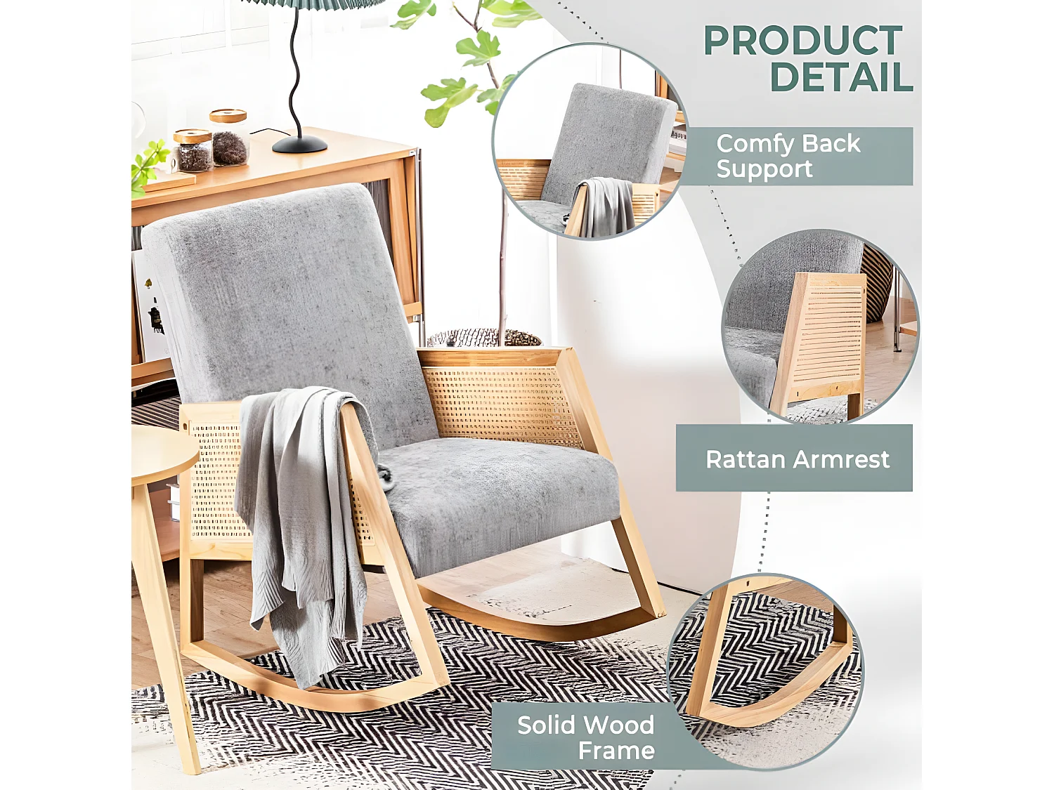 Chaise à bascule en bois massif avec rotin en plastique pe