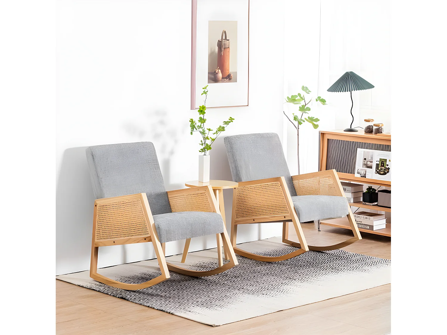 Chaise à bascule en bois massif avec rotin en plastique pe