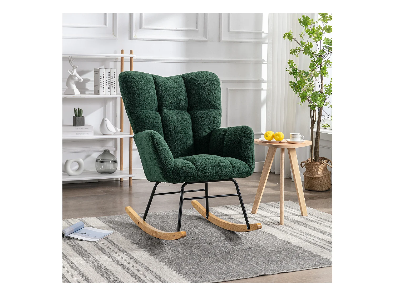 Fauteuil à bascule rembourré moderne de mi-siècle en tissu teddy  vert