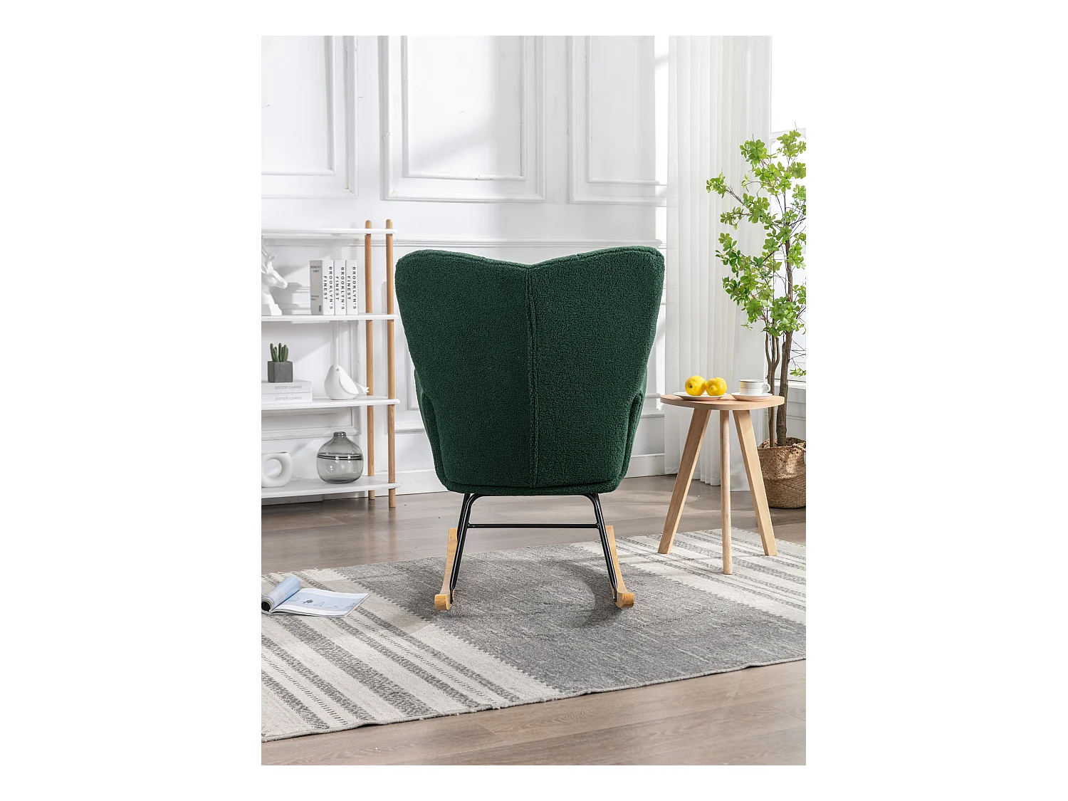 Fauteuil à bascule rembourré moderne de mi-siècle en tissu teddy  vert