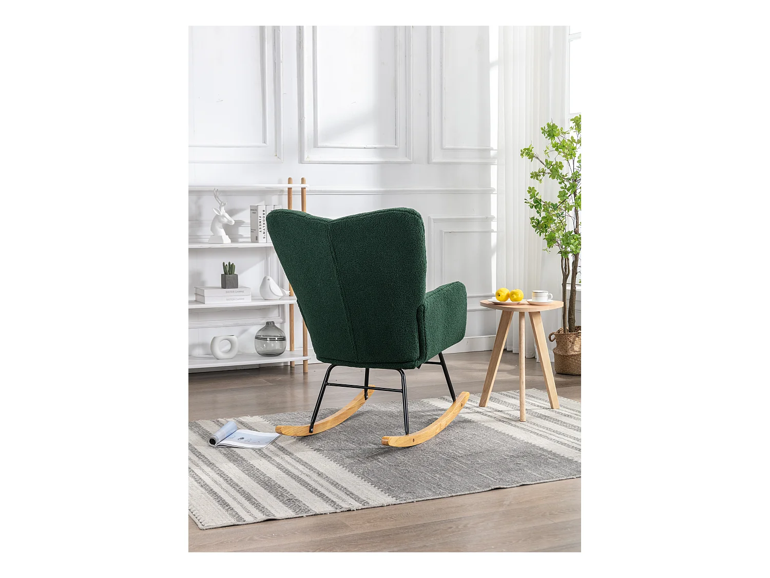 Fauteuil à bascule rembourré moderne de mi-siècle en tissu teddy  vert