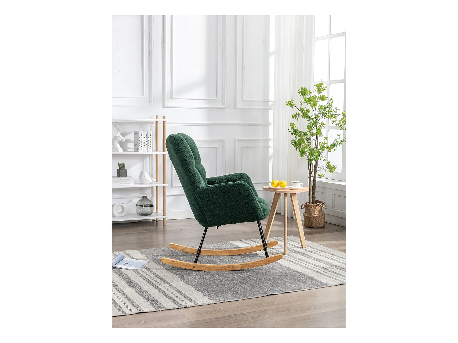 Fauteuil à bascule rembourré moderne de mi-siècle en tissu teddy  vert