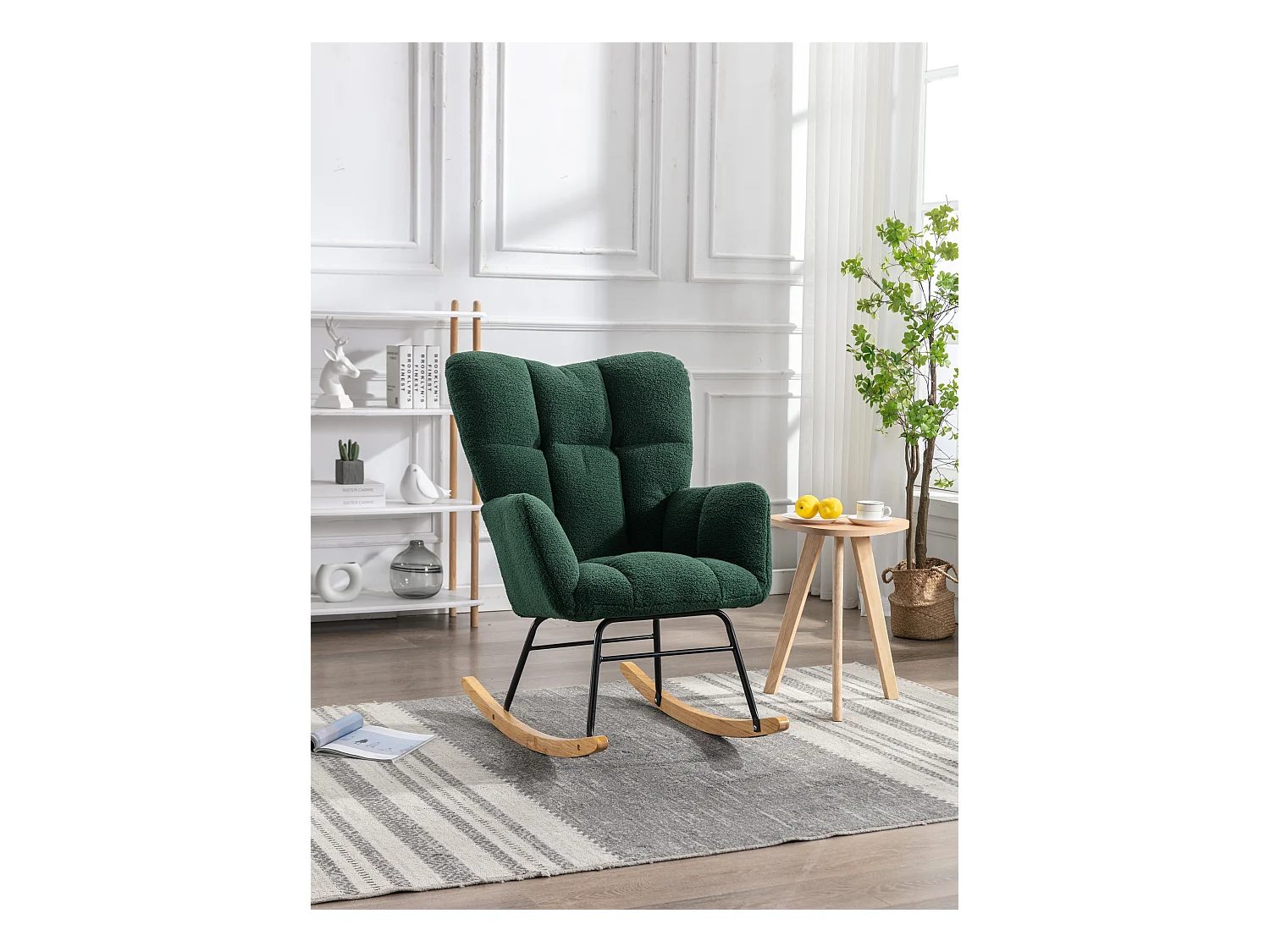 Fauteuil à bascule rembourré moderne de mi-siècle en tissu teddy  vert