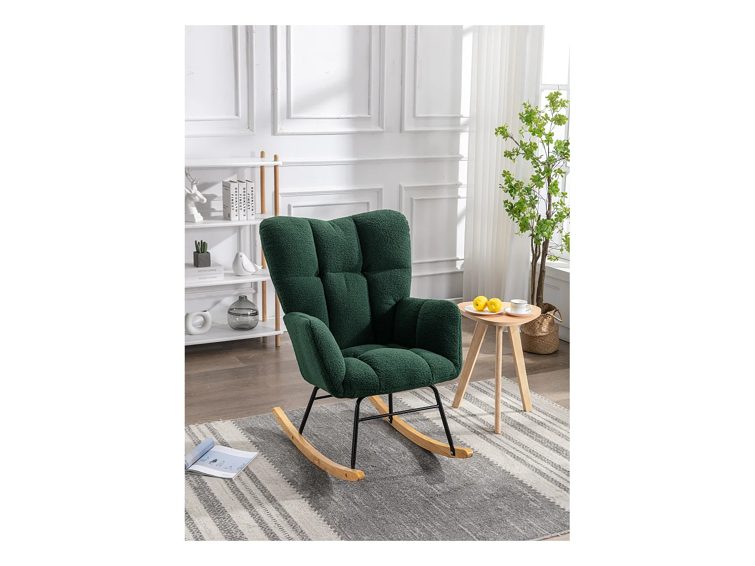 Fauteuil à bascule rembourré moderne de mi-siècle en tissu teddy  vert