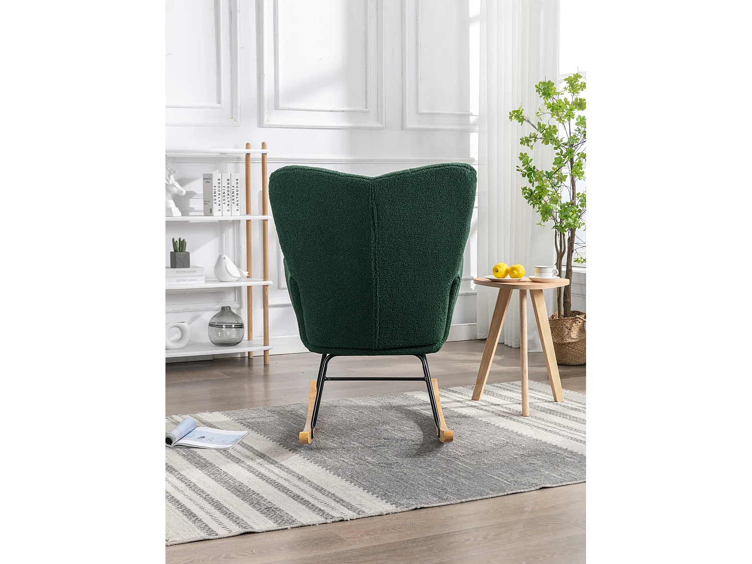 Fauteuil à bascule rembourré moderne de mi-siècle en tissu teddy  vert