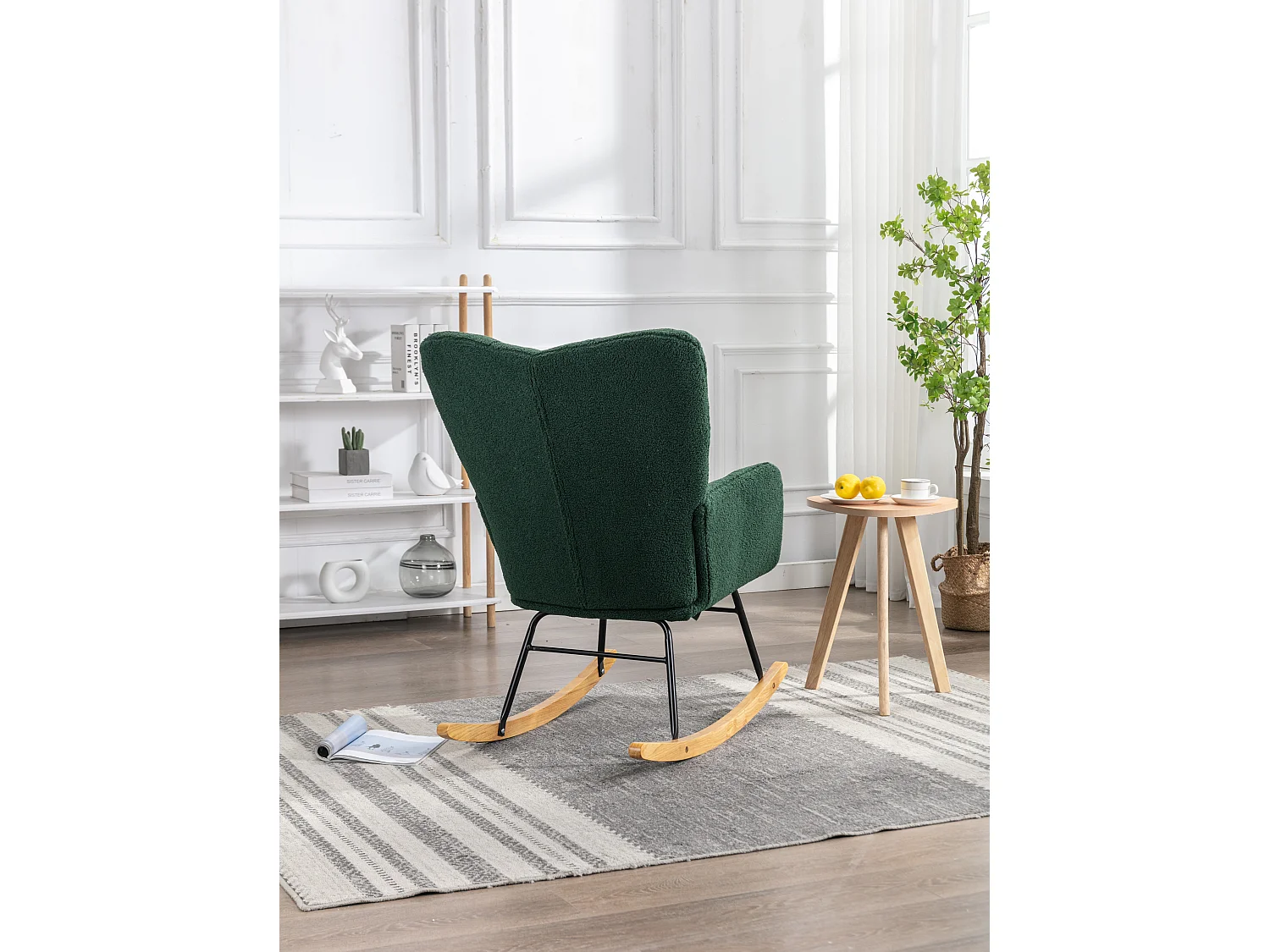 Fauteuil à bascule rembourré moderne de mi-siècle en tissu teddy  vert