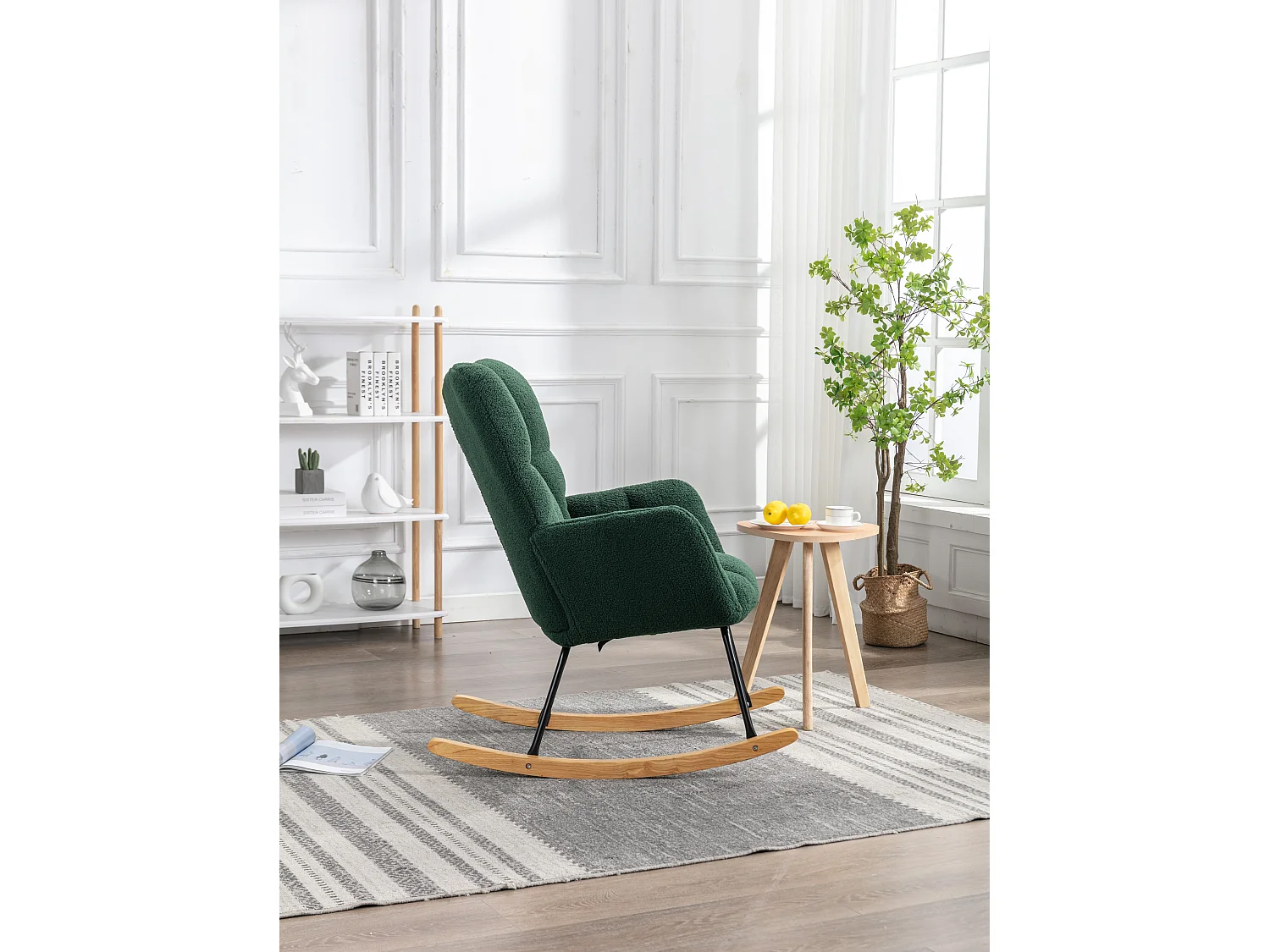 Fauteuil à bascule rembourré moderne de mi-siècle en tissu teddy  vert