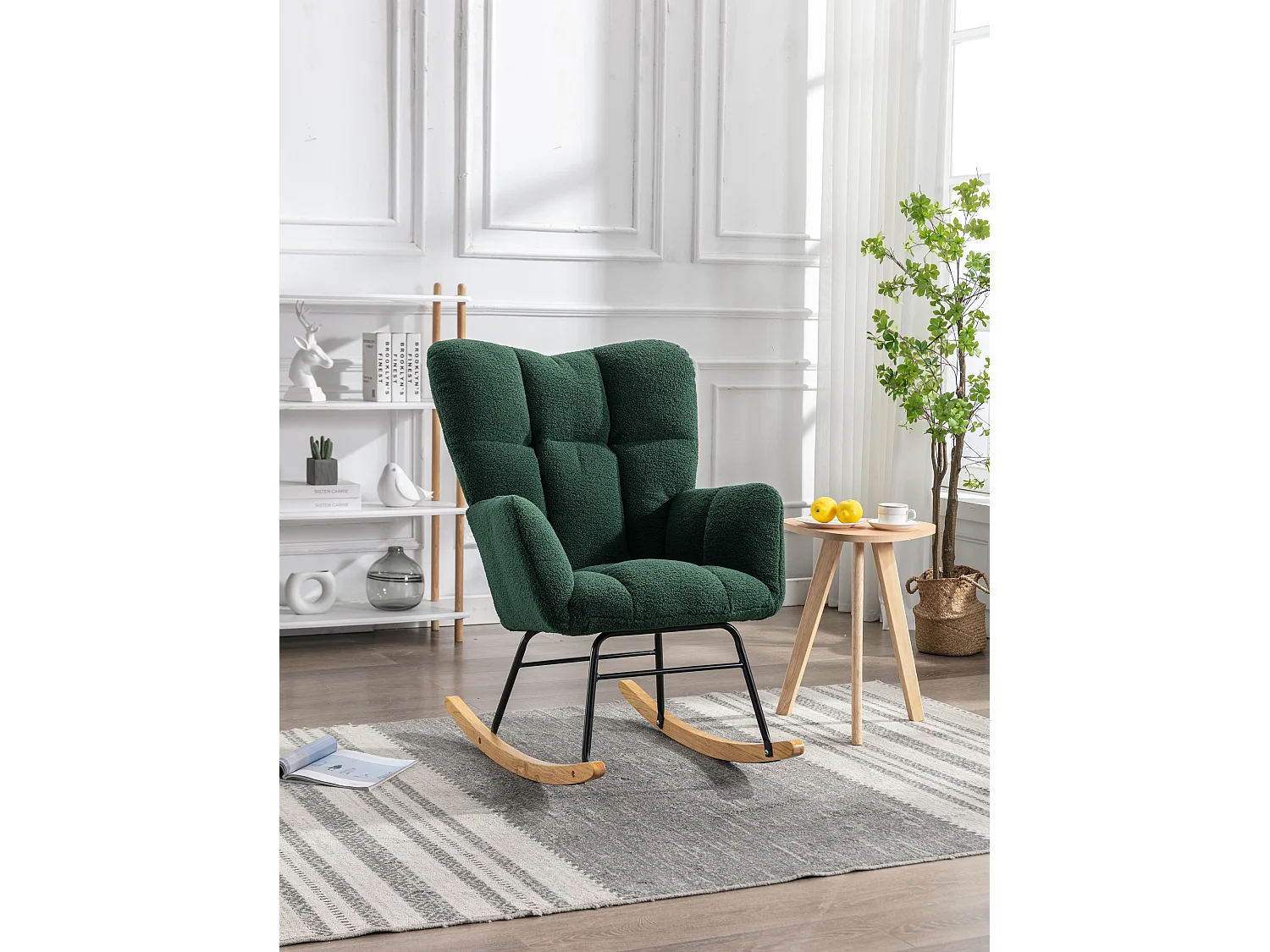 Fauteuil à bascule rembourré moderne de mi-siècle en tissu teddy  vert