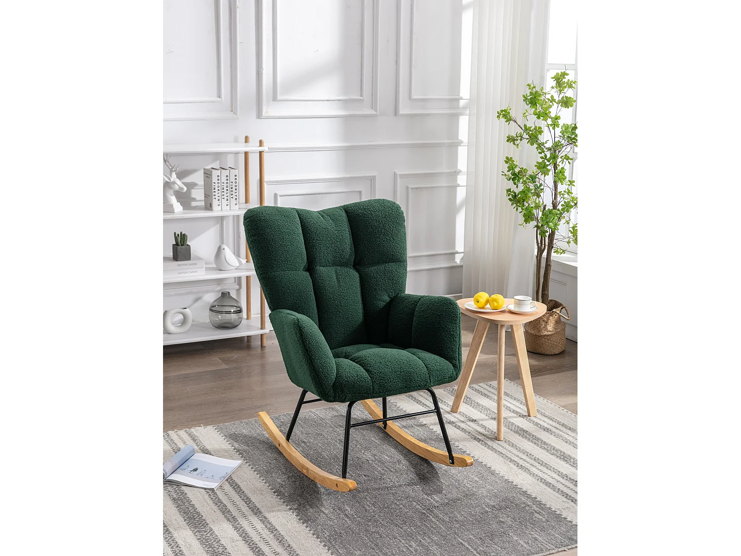 Fauteuil à bascule rembourré moderne de mi-siècle en tissu teddy  vert
