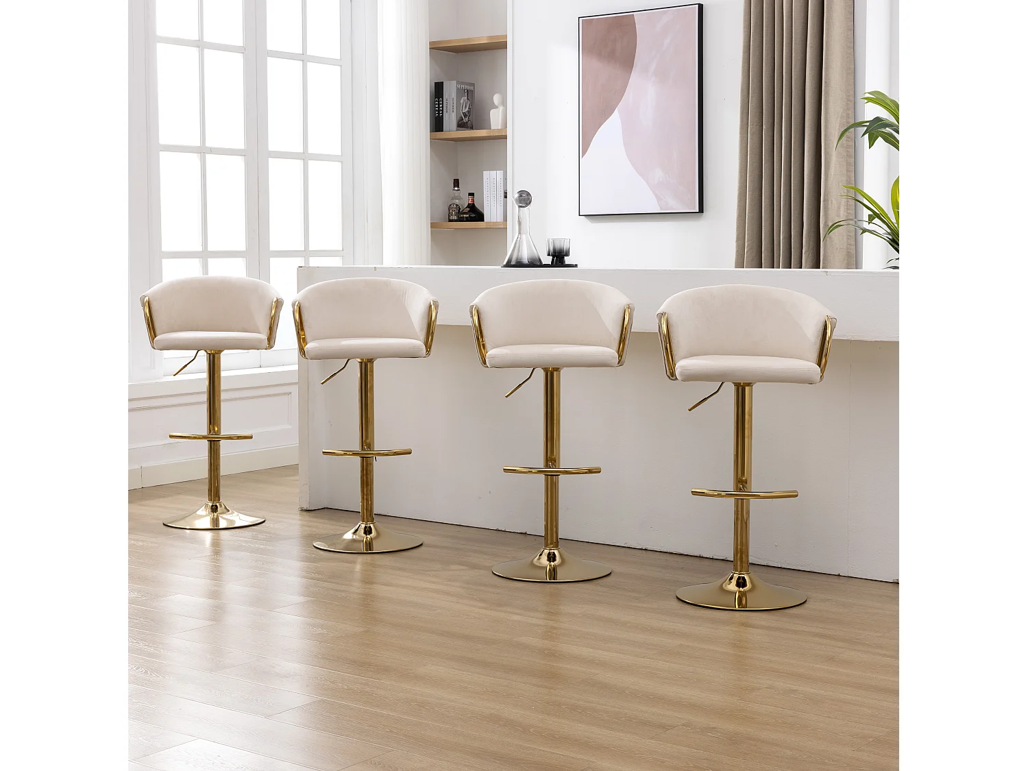 Stoel - set van 4 fluwelen eetkamerstoelen, fauteuil, beige