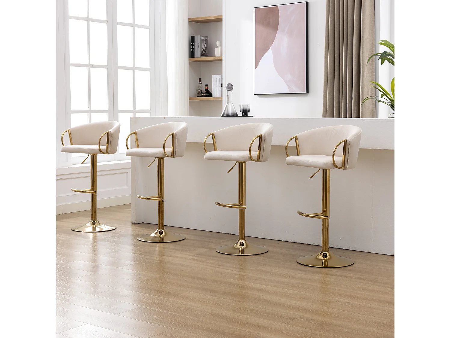 Stoel - set van 4 fluwelen eetkamerstoelen, fauteuil, beige