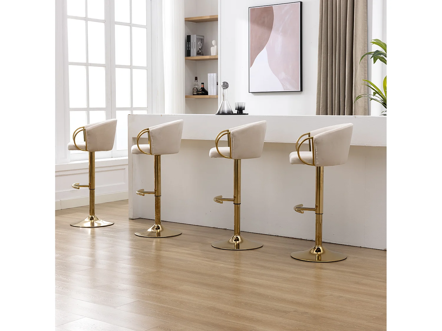 Stoel - set van 4 fluwelen eetkamerstoelen, fauteuil, beige