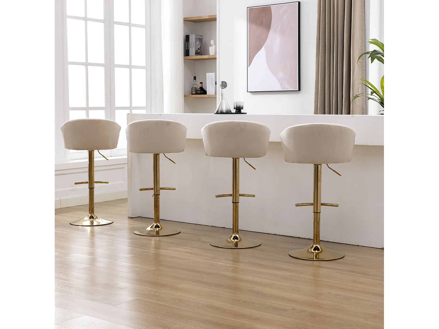Stoel - set van 4 fluwelen eetkamerstoelen, fauteuil, beige