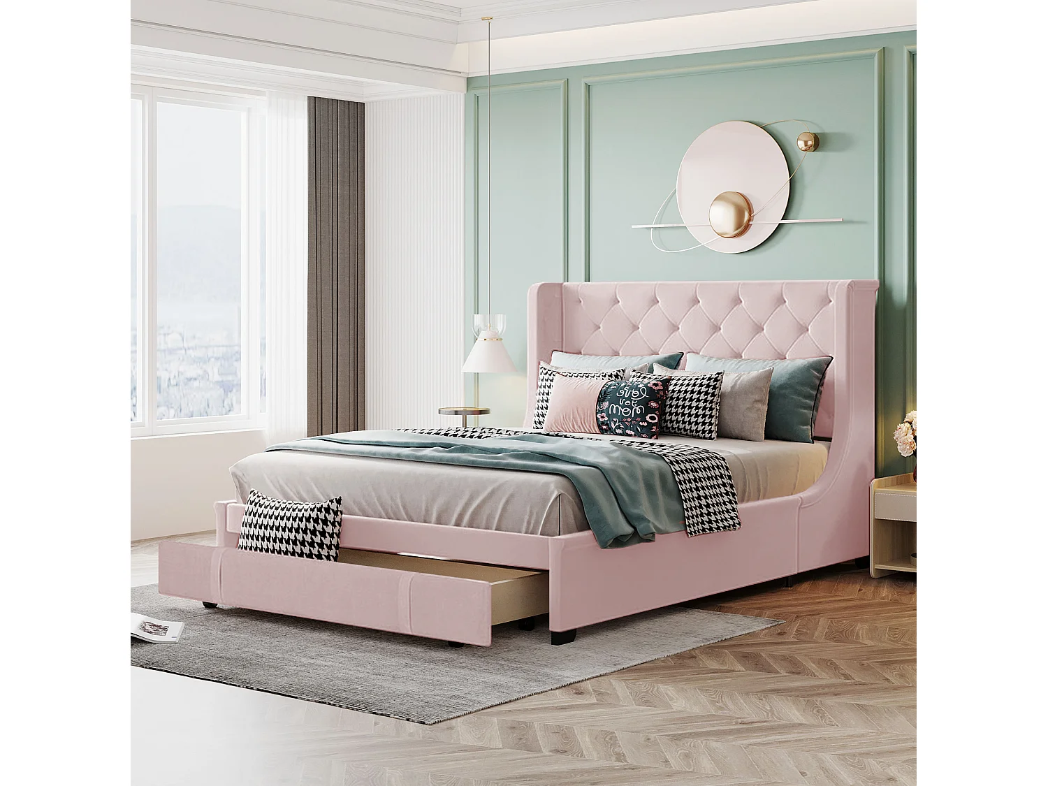 Lit double 140 x 200 cm avec sommier à lattes, dossier et grands tiroirs, rose