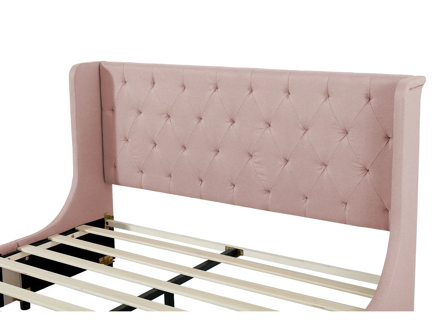 Lit double 140 x 200 cm avec sommier à lattes, dossier et grands tiroirs, rose
