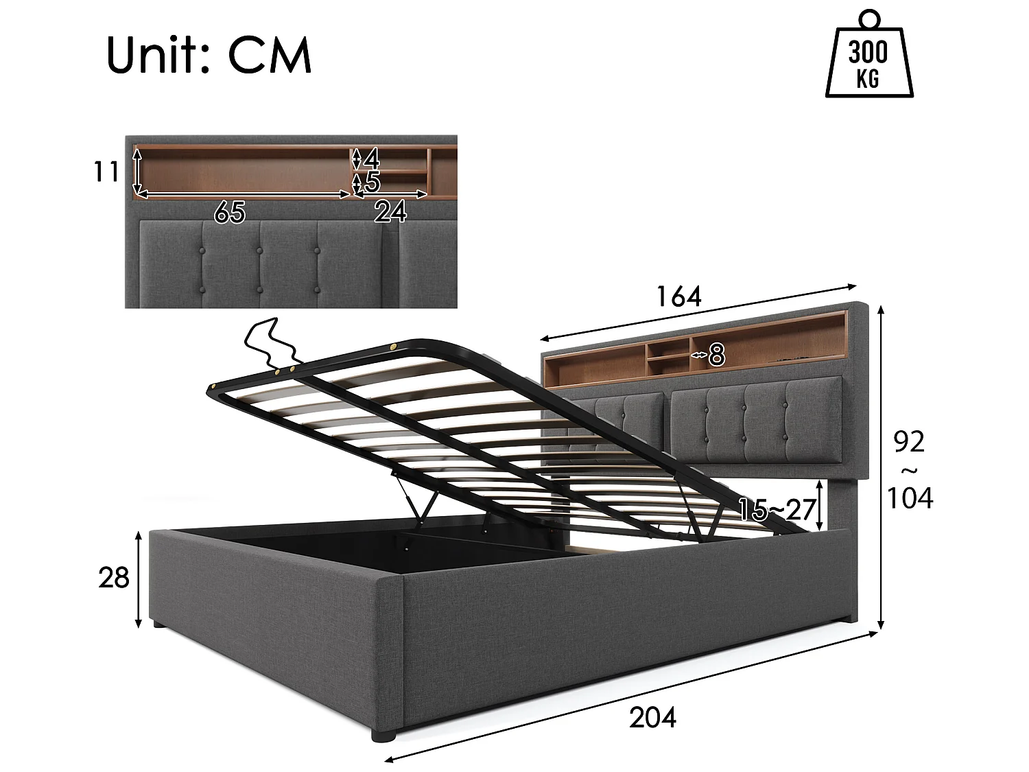 Tweepersoonsbed met geïntegreerde USB C-oplaadfunctie en gevoerd hoofdbord, 160x200
