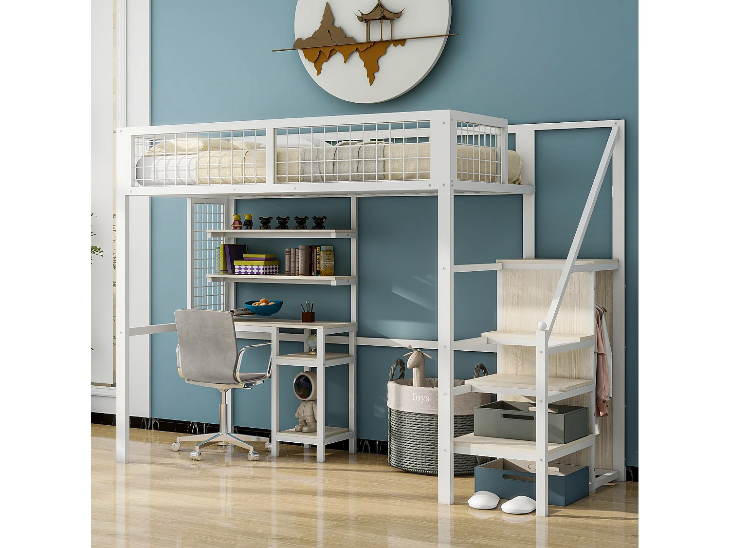 Hoogslaper 90x200 met veiligheidsladder, kinderbed met ijzeren structuur, kledingkast en computerbureau - wit
