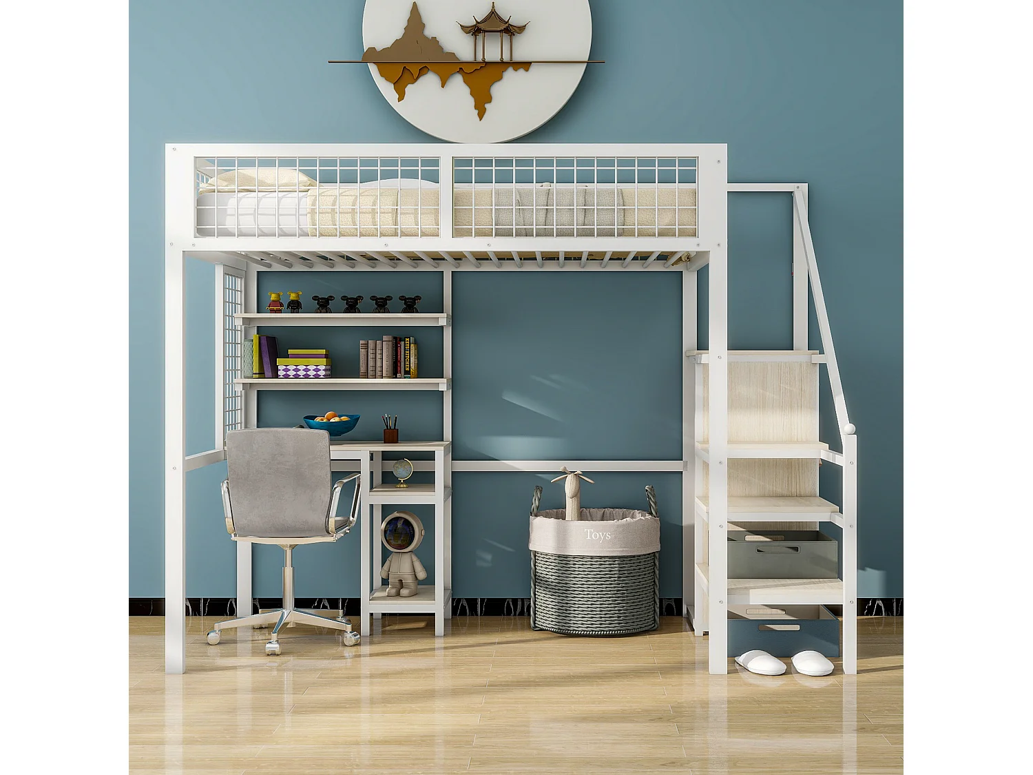 Hoogslaper 90x200 met veiligheidsladder, kinderbed met ijzeren structuur, kledingkast en computerbureau - wit