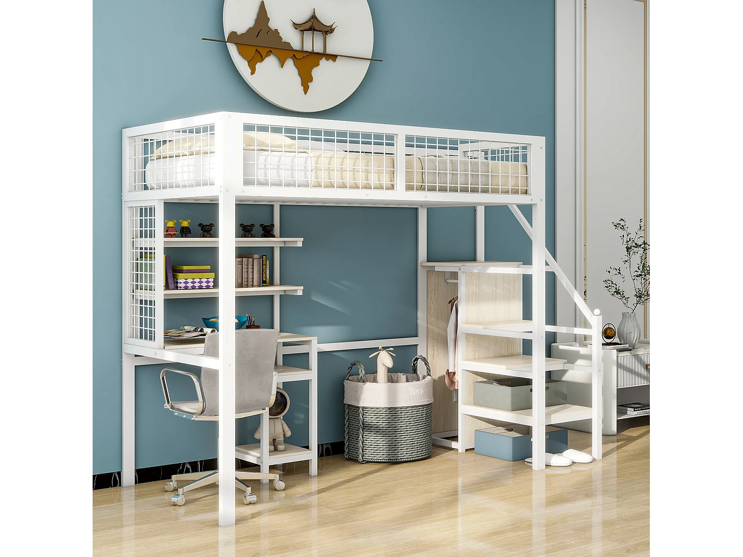 Hoogslaper 90x200 met veiligheidsladder, kinderbed met ijzeren structuur, kledingkast en computerbureau - wit