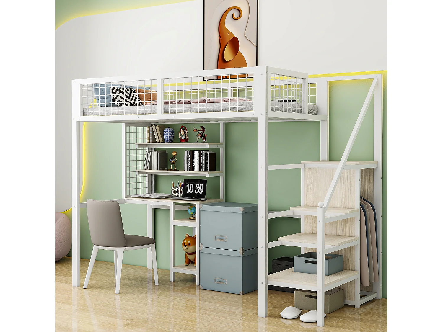 Hoogslaper 90x200 met veiligheidsladder, kinderbed met ijzeren structuur, kledingkast en computerbureau - wit