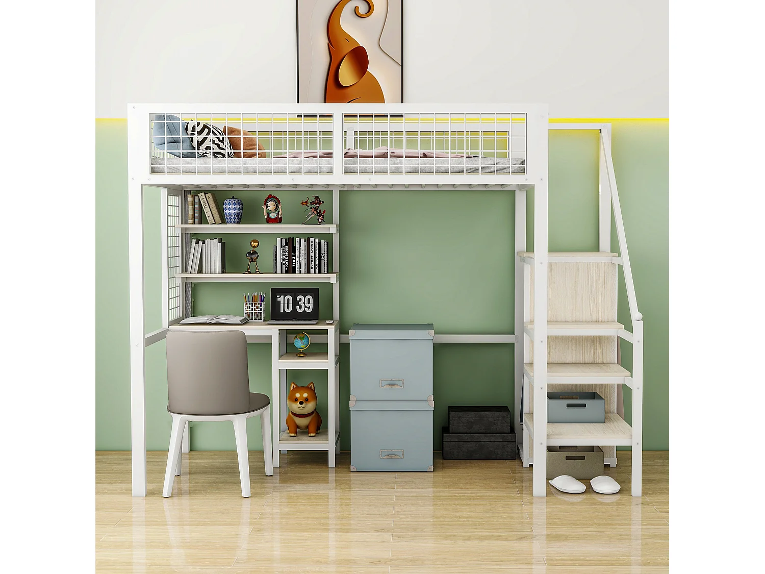 Hoogslaper 90x200 met veiligheidsladder, kinderbed met ijzeren structuur, kledingkast en computerbureau - wit